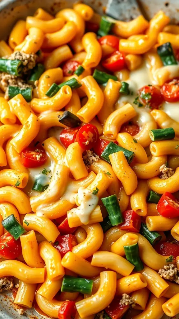 A close-up of a baked macaroni dish with colorful vegetables, including tomatoes and green onions.