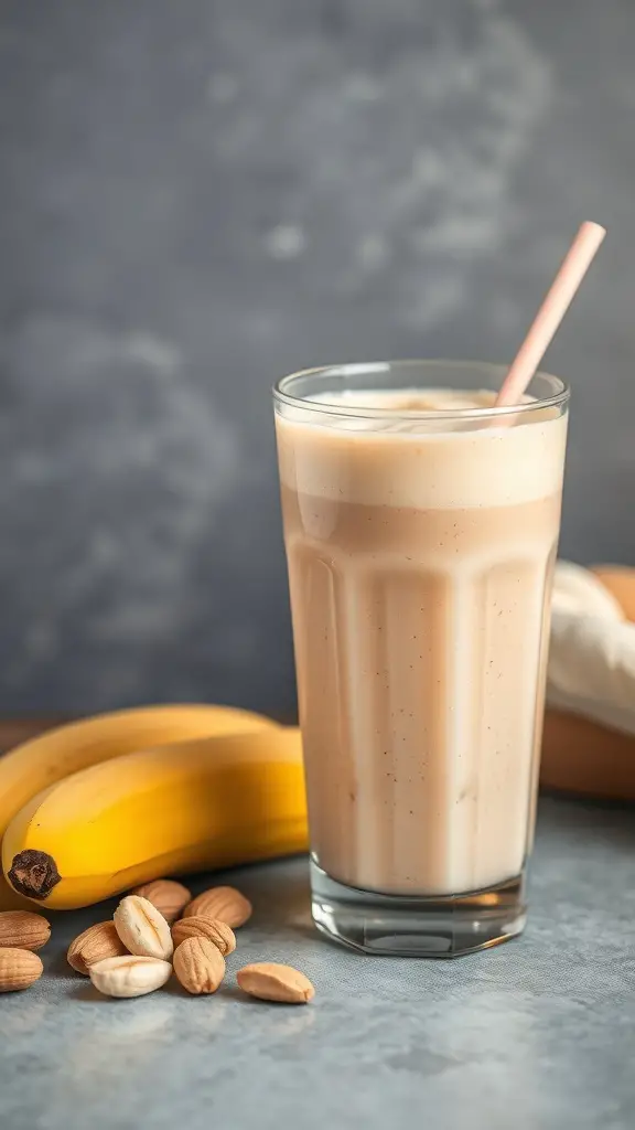 A creamy peanut butter and banana smoothie in a glass with a pink straw, surrounded by bananas and almonds.