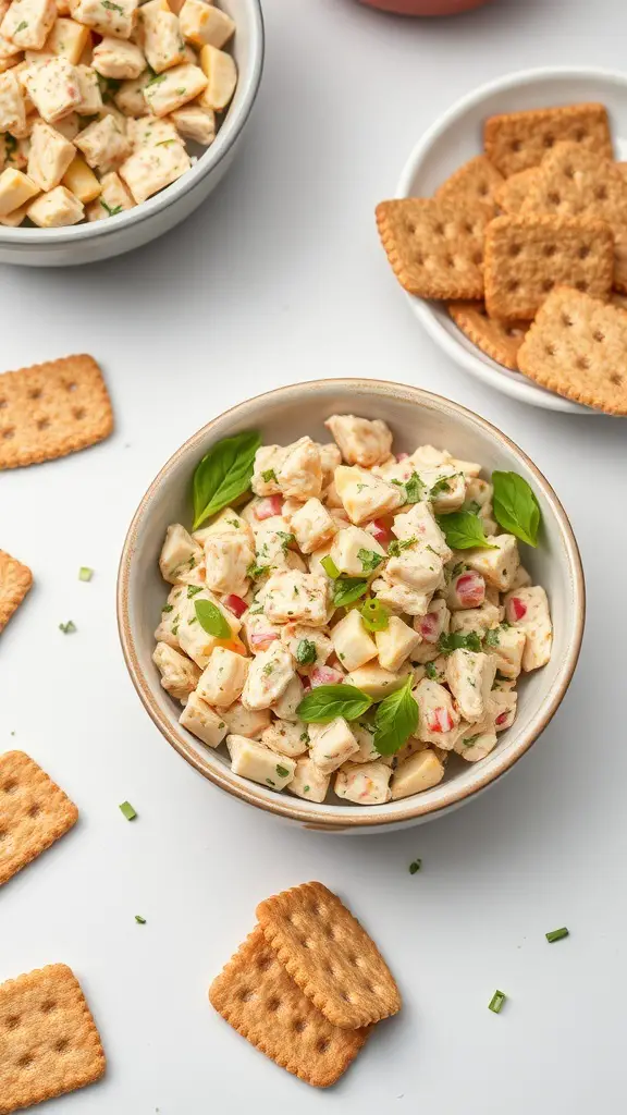 A bowl of tuna salad with crackers on the side, garnished with herbs.