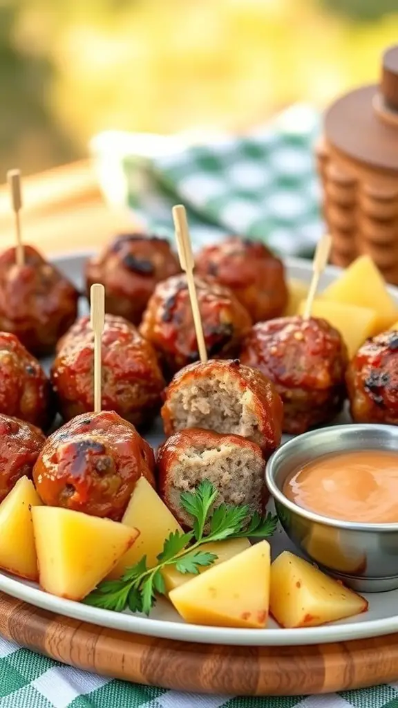 BBQ meatballs with pineapple on a platter, garnished with fresh herbs