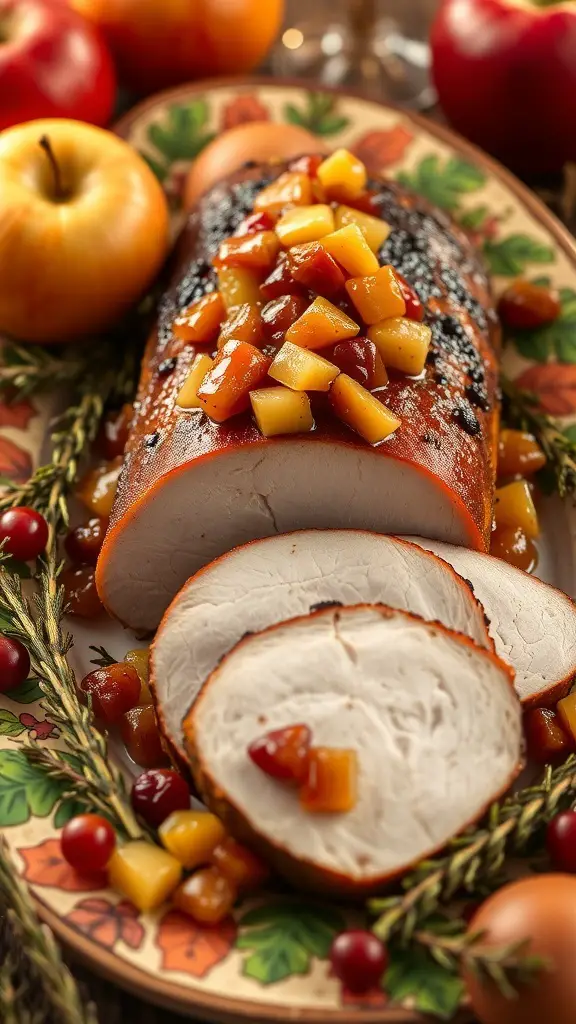 A beautifully plated pork tenderloin topped with apple chutney, surrounded by fresh apples and garnished with herbs.