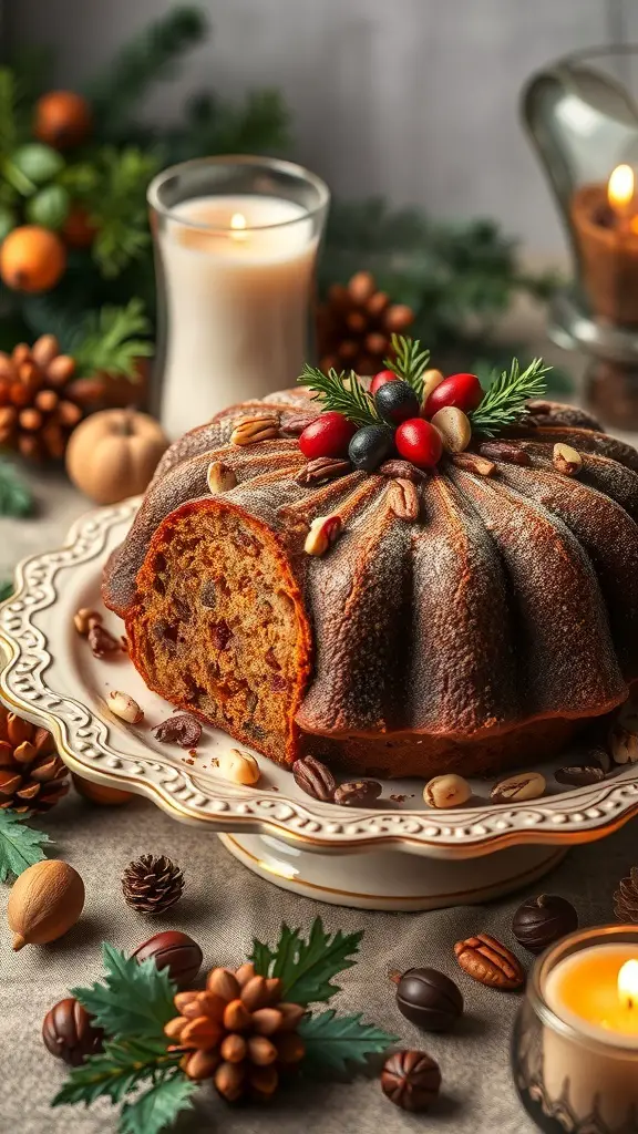 A beautifully baked fruitcake on a decorative platter, surrounded by festive decorations.
