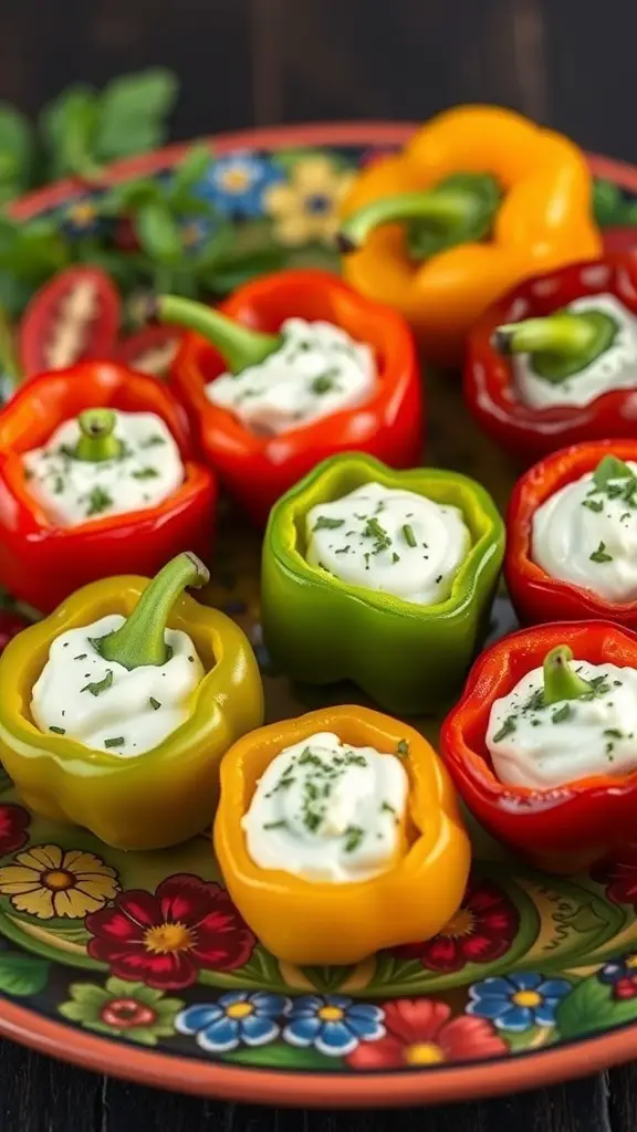 A colorful platter of stuffed mini peppers filled with cream cheese and herbs.