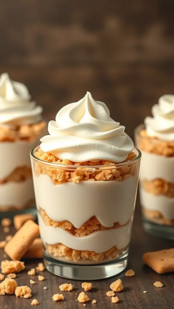 Delicious biscuit pudding cups topped with whipped cream and crumbled biscuits.