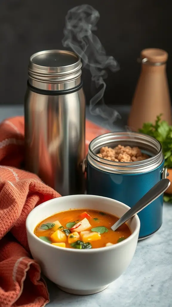 A bowl of vegetable soup with steam rising, next to a thermos and a container of snacks.