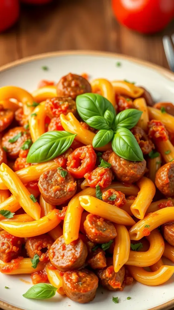 A plate of macaroni with Italian sausage and peppers, garnished with fresh basil.