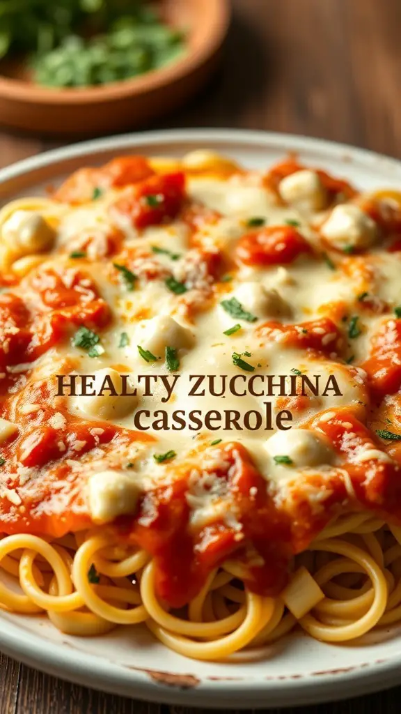 A delicious zucchini noodle casserole topped with marinara sauce and melted cheese.
