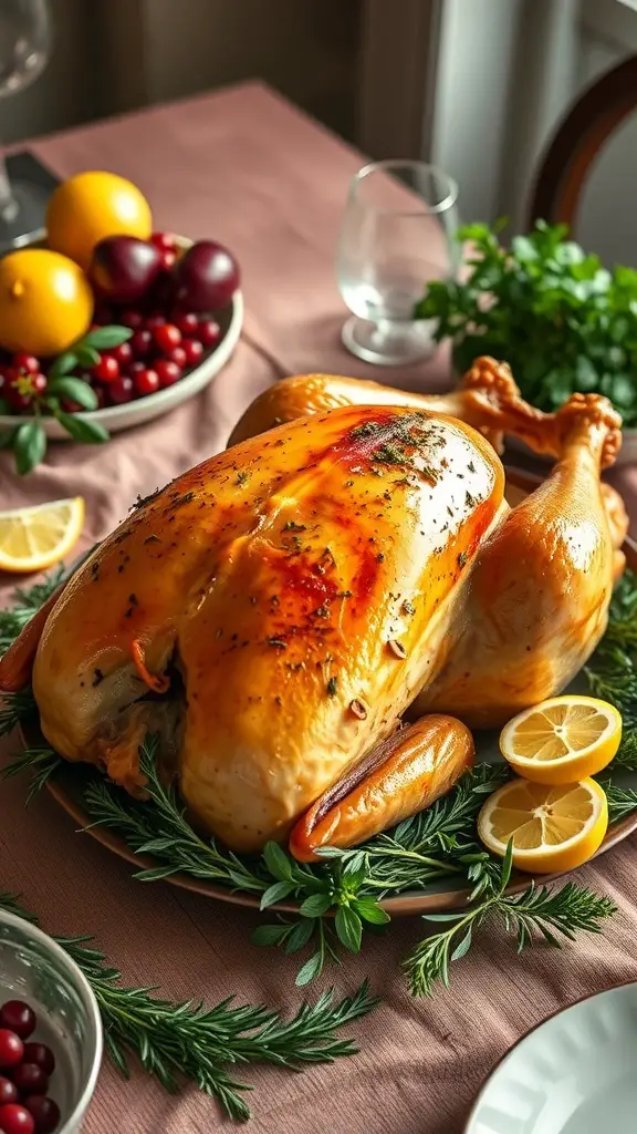 A beautifully roasted turkey garnished with herbs and lemon slices on a table.