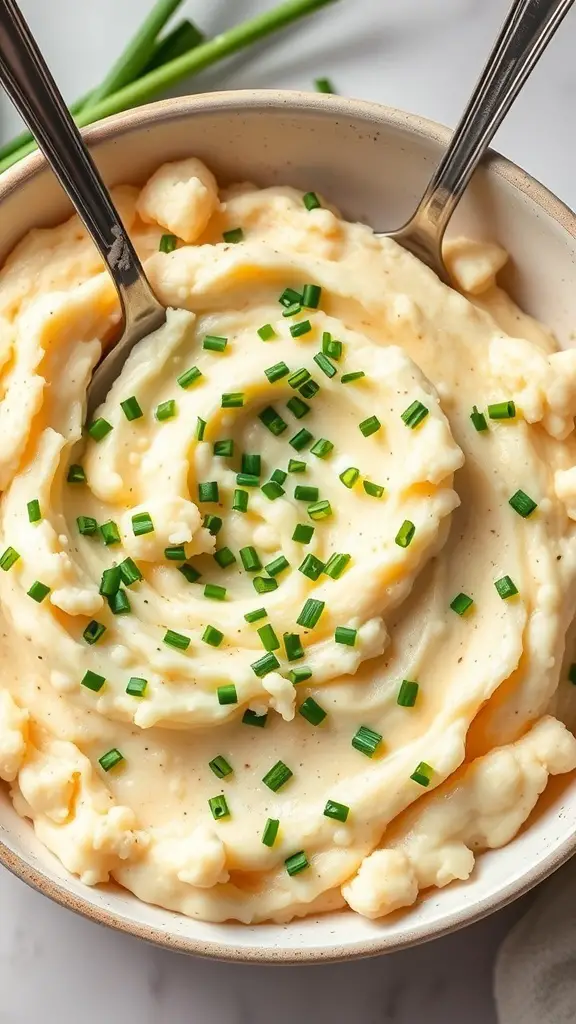 A bowl of creamy garlic mashed cauliflower topped with chives.