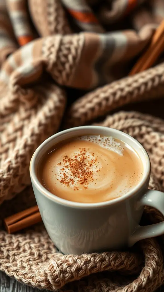 A cozy cup of chai tea latte with cinnamon on a knitted blanket