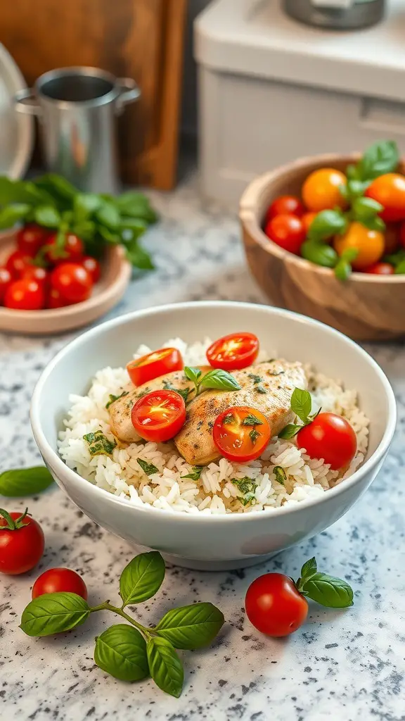 A bowl of pesto chicken and rice topped with cherry tomatoes and basil leaves.