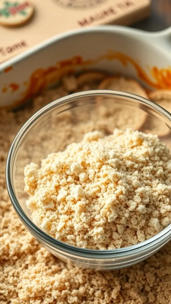 A bowl of bread crumbs on a wooden surface, with a casserole dish in the background.
