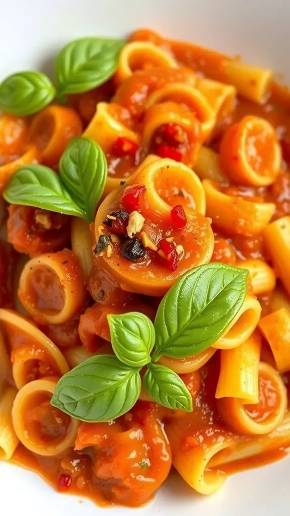A bowl of spicy cavatappi pasta with arrabbiata sauce and fresh basil