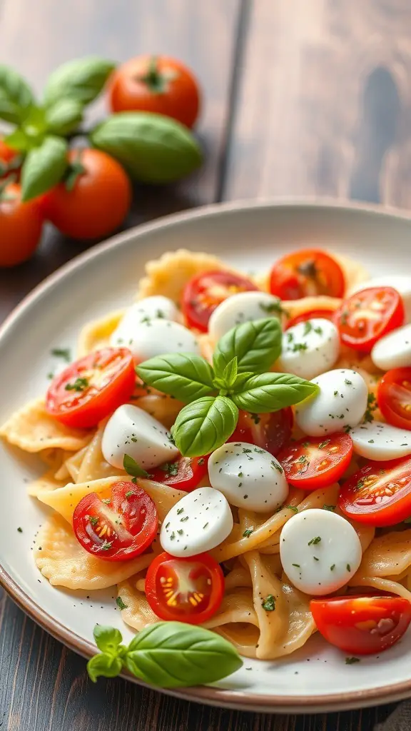 A plate of Caprese Cellentani pasta with cherry tomatoes, mozzarella, and fresh basil.
