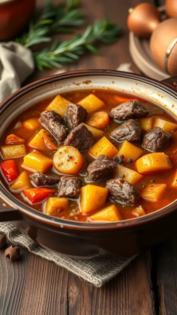 A bowl of pureed beef stew with root vegetables, showcasing tender beef and colorful vegetables in a rich broth.