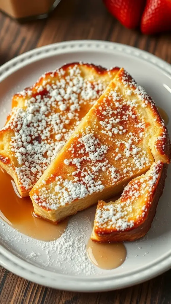 A plate of Biscuit French Toast topped with powdered sugar and syrup, with strawberries in the background.