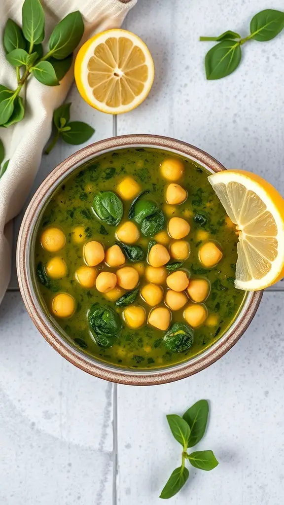 A bowl of chickpea and spinach soup garnished with lemon slices and fresh herbs