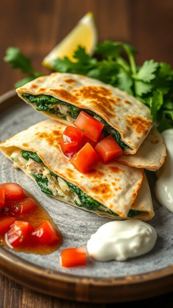 Delicious clam and spinach quesadillas served with diced tomatoes and sour cream