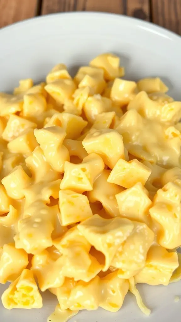 A plate of soft scrambled eggs with melted cheese, looking creamy and inviting.