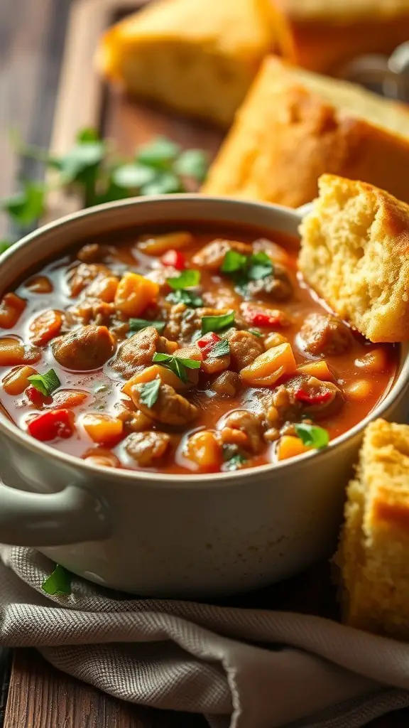 A bowl of wild turkey chili with cornbread on the side.