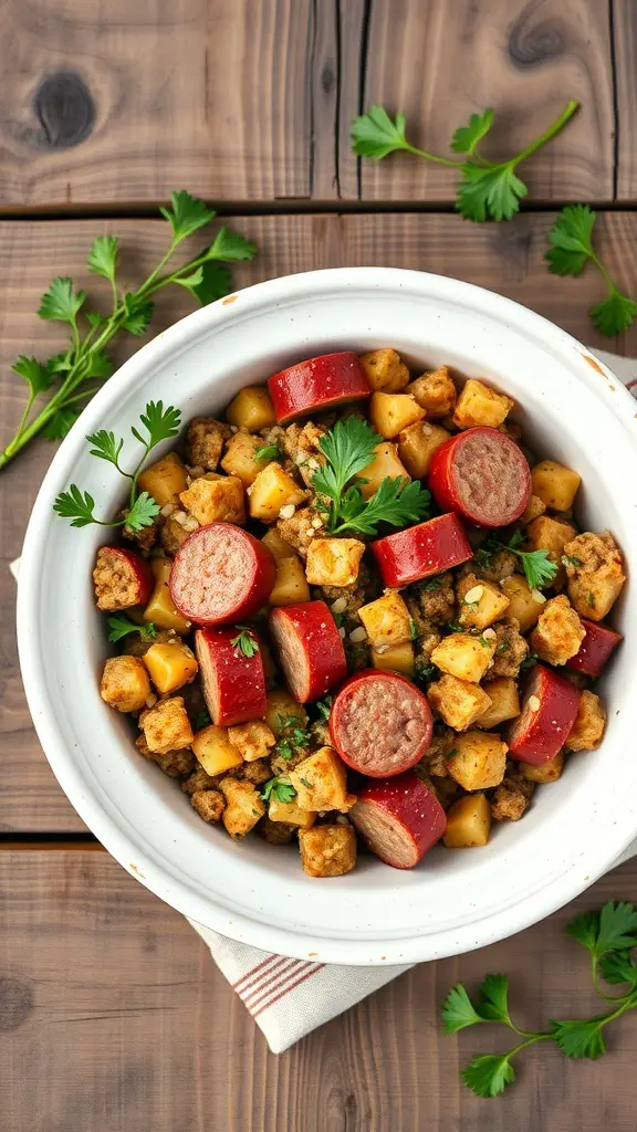 A bowl of savory stuffing with sausage and sage, featuring bread cubes, sausage slices, and fresh herbs.