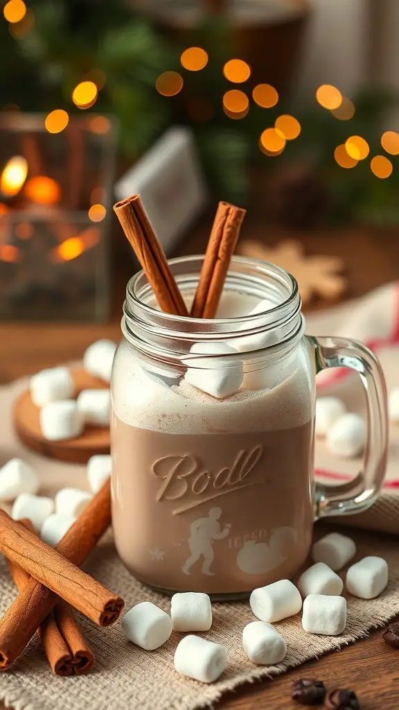 A jar of spiced hot chocolate mix with marshmallows and cinnamon sticks, surrounded by festive decorations.