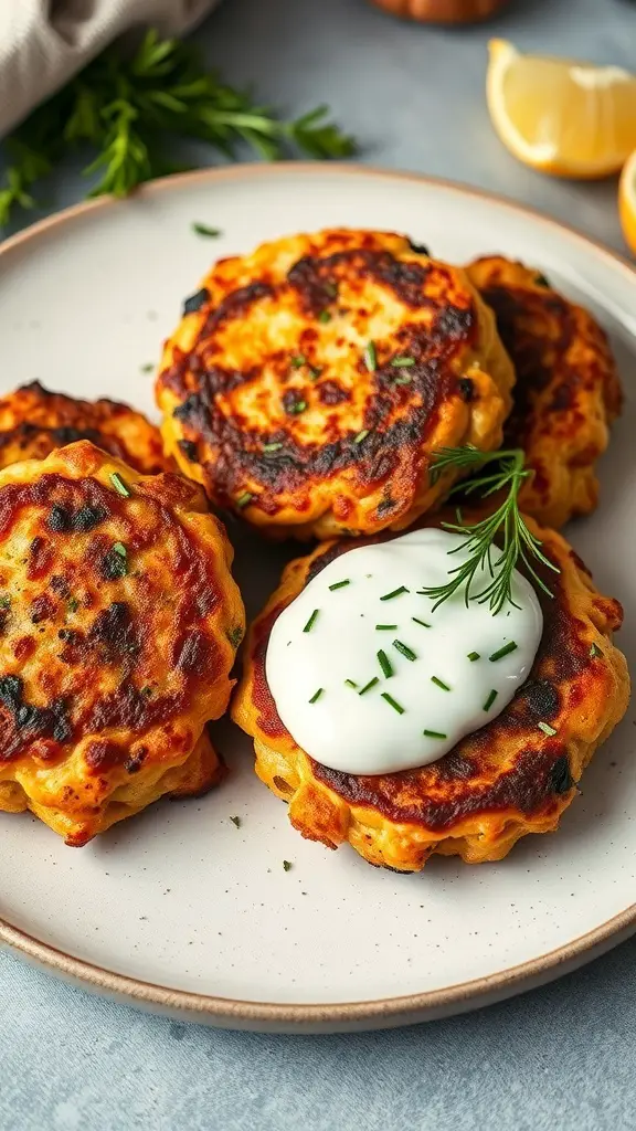 Plate of salmon cakes topped with dill sauce and garnished with herbs