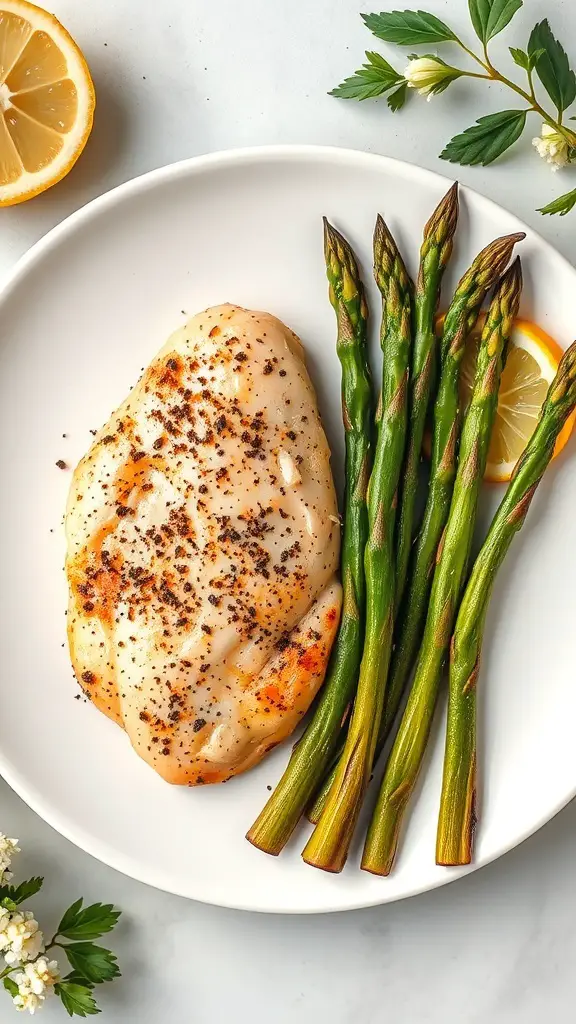 Lemon pepper chicken breast served with asparagus on a white plate, garnished with lemon slices.