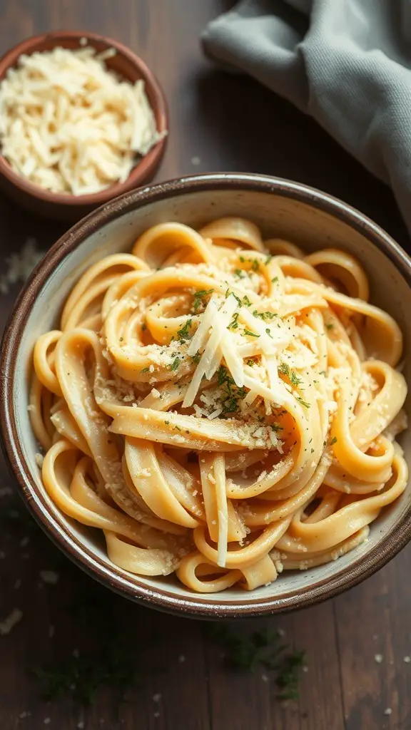 A bowl of creamy garlic parmesan elbow noodles topped with cheese and parsley.