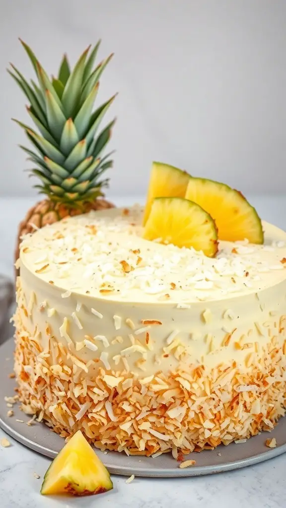 A beautifully decorated Pineapple Coconut Cake with toasted coconut and fresh pineapple slices on top.
