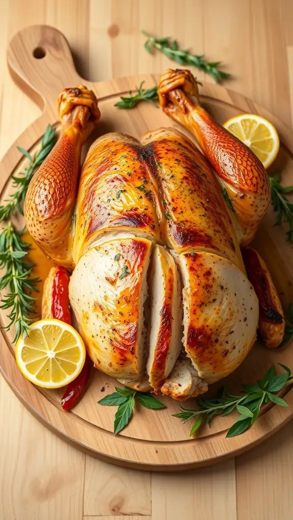 A beautifully roasted turkey breast garnished with herbs and lemon slices on a wooden platter.