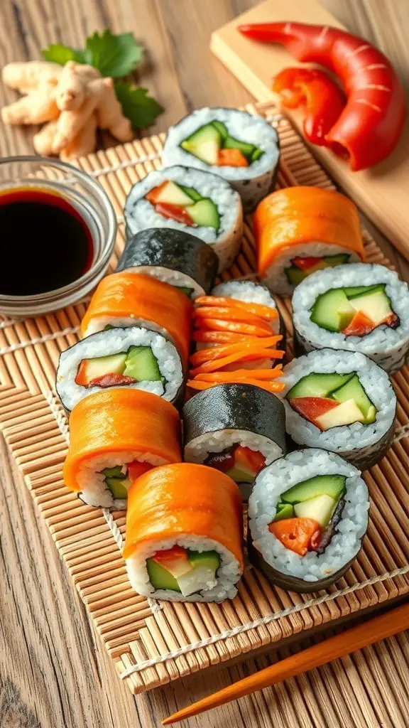 Colorful vegetable sushi rolls arranged on a bamboo mat with dipping sauce and ginger.