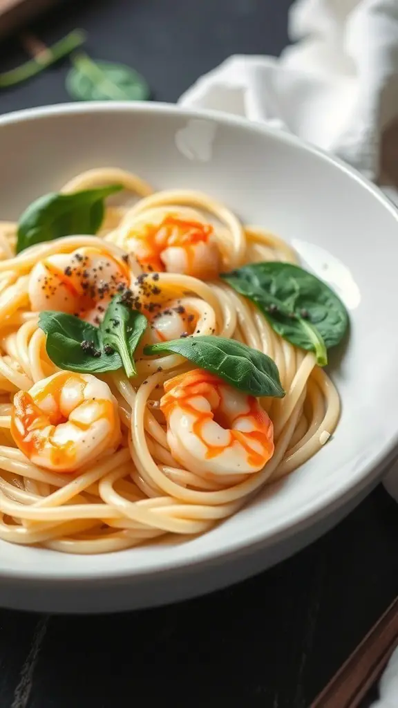 A bowl of shrimp fettuccine with spinach, showcasing shrimp, pasta, and fresh greens.