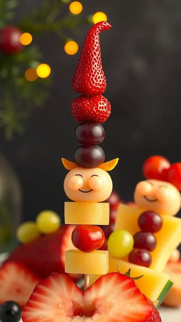 Colorful elf-themed fruit kebabs with strawberries, grapes, and cheese.