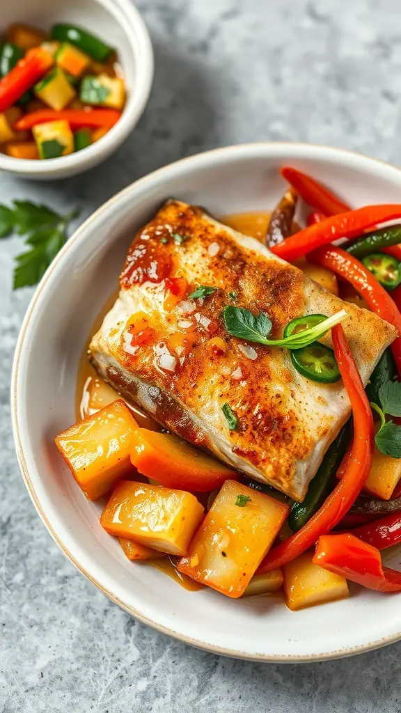 A plate of sweet and sour fried tilapia with colorful vegetables and sauce.