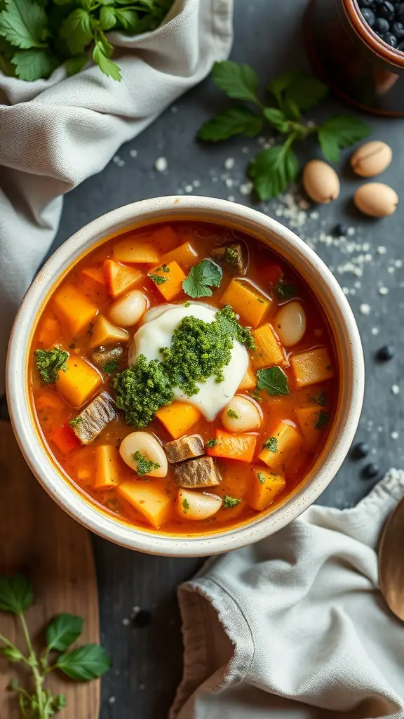A bowl of minestrone soup topped with pesto, surrounded by fresh herbs and ingredients.