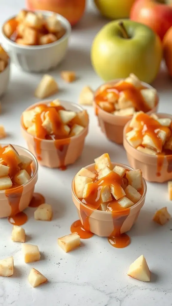Cups filled with diced apples and caramel sauce, surrounded by whole apples.