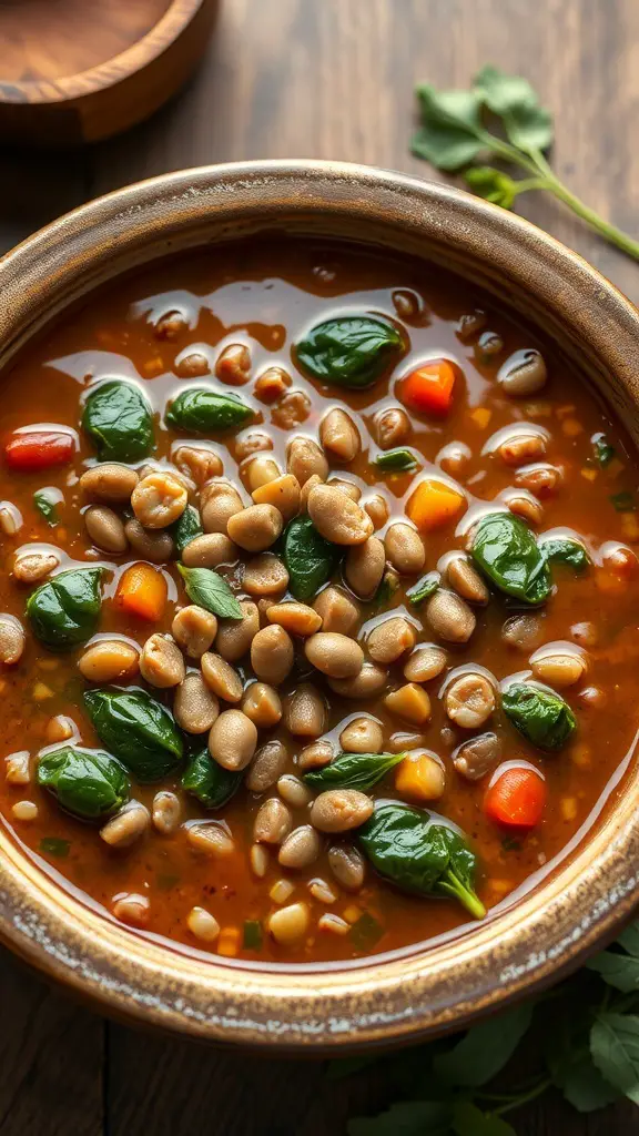 A bowl of blended lentil and spinach stew with lentils and spinach visible.