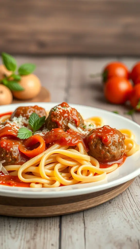 A plate of rigatoni pasta topped with meatballs in marinara sauce, garnished with fresh herbs.
