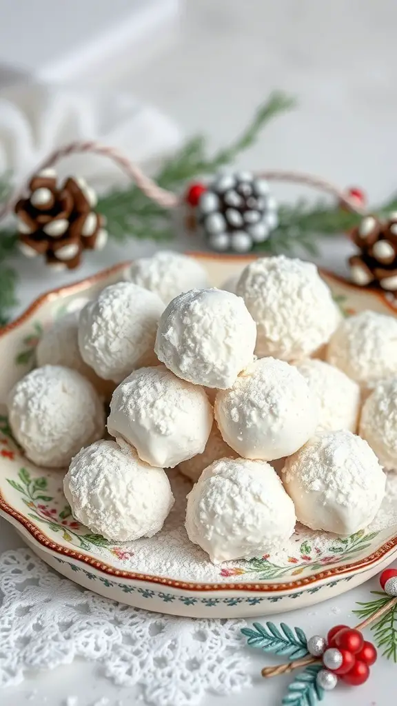 A plate of snowy coconut truffles decorated for Christmas