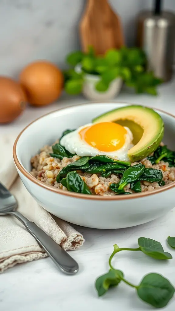 A savory oatmeal bowl with spinach, avocado, and a fried egg