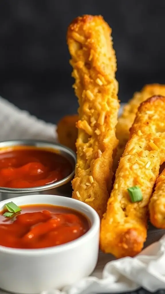 Golden-brown cheesy breadsticks served with marinara sauce