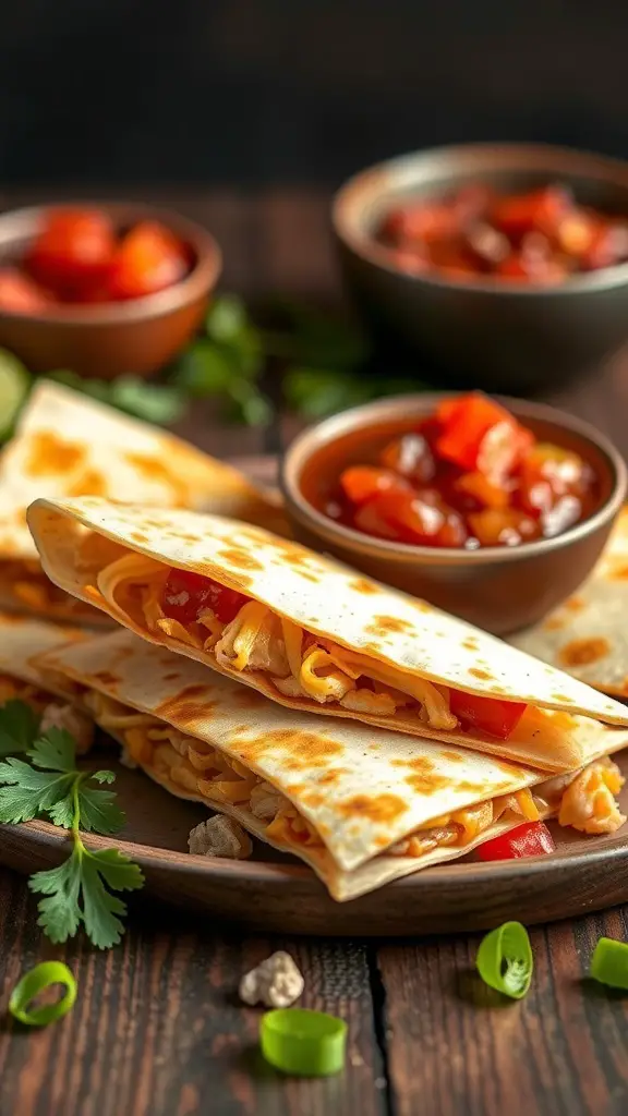 Delicious chicken quesadillas with cheese, served with salsa and fresh ingredients.