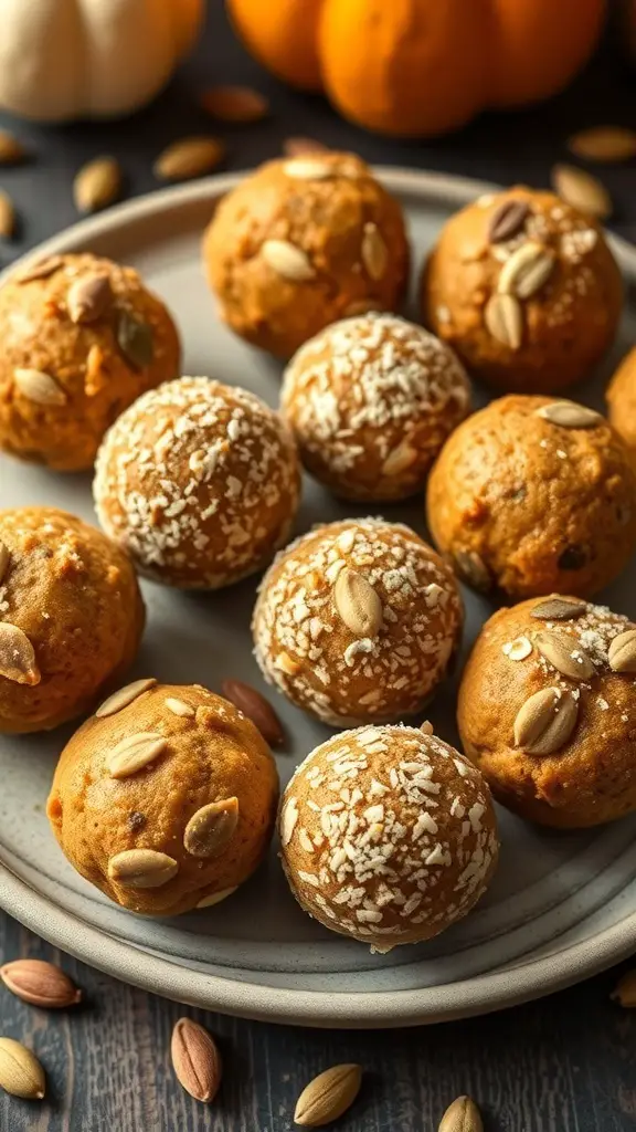 A plate of pumpkin spice energy bites, some coated with coconut and topped with pumpkin seeds.