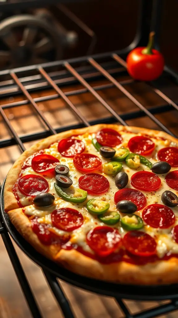 A homemade pizza topped with pepperoni, green peppers, olives, and jalapeños on a baking rack.