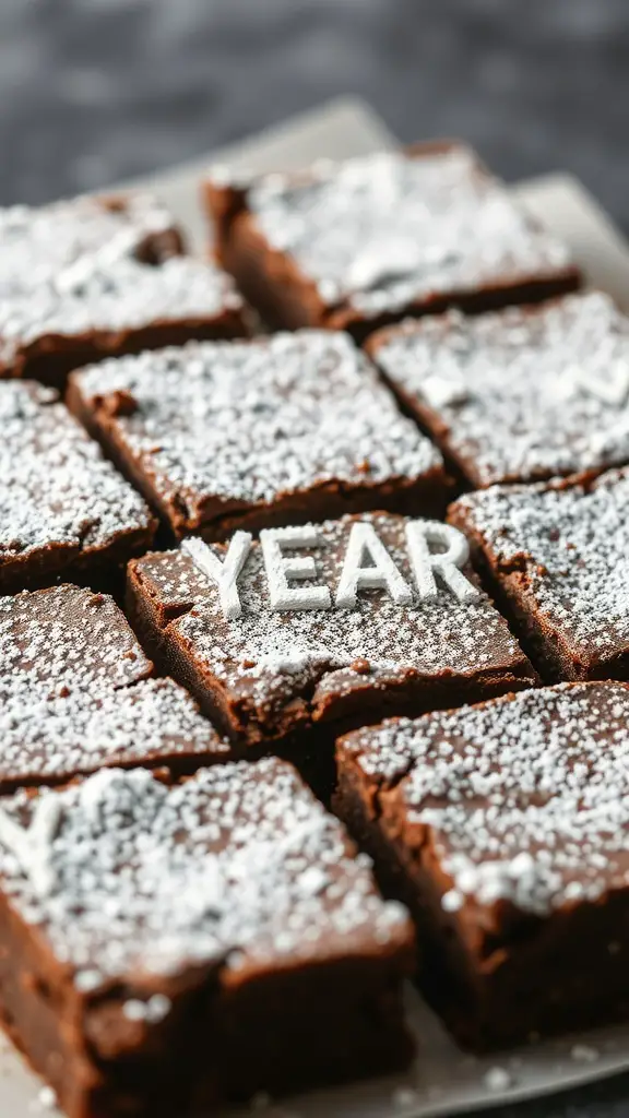 Delicious sourdough discard brownies dusted with powdered sugar, with the word 'YEAR' arranged on top.
