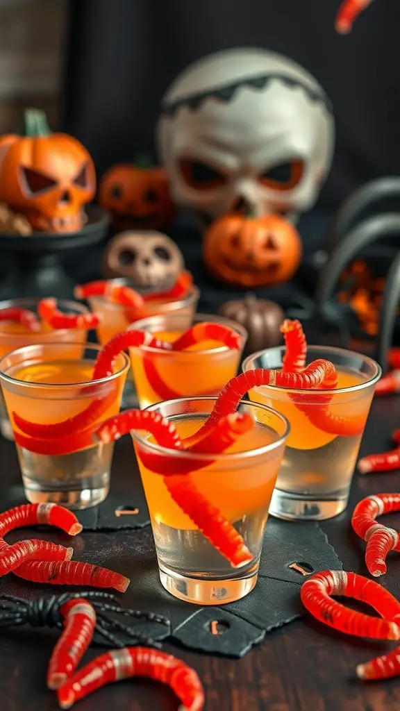 Colorful Halloween jello shots with gummy worms, surrounded by spooky decorations.