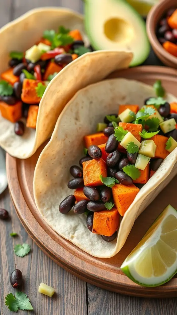 Black bean and sweet potato tacos with cilantro and lime on a wooden plate.