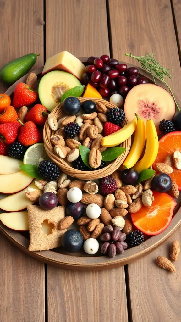 A colorful platter filled with various fruits and nuts, including strawberries, apples, bananas, and a mix of nuts in a basket.