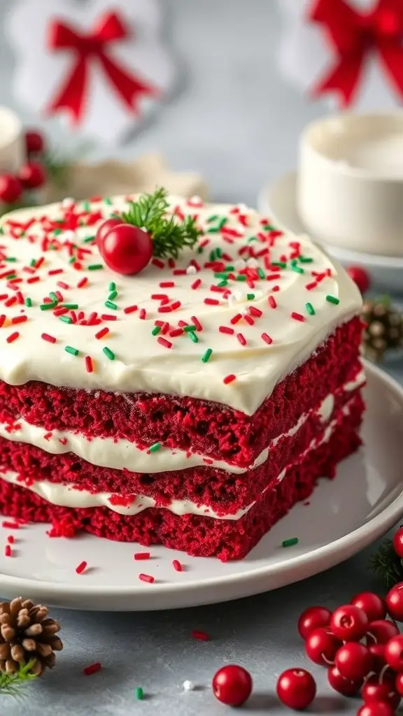 A festive red velvet Christmas cake with white frosting, colorful sprinkles, and a cherry on top, surrounded by pinecones and red berries.
